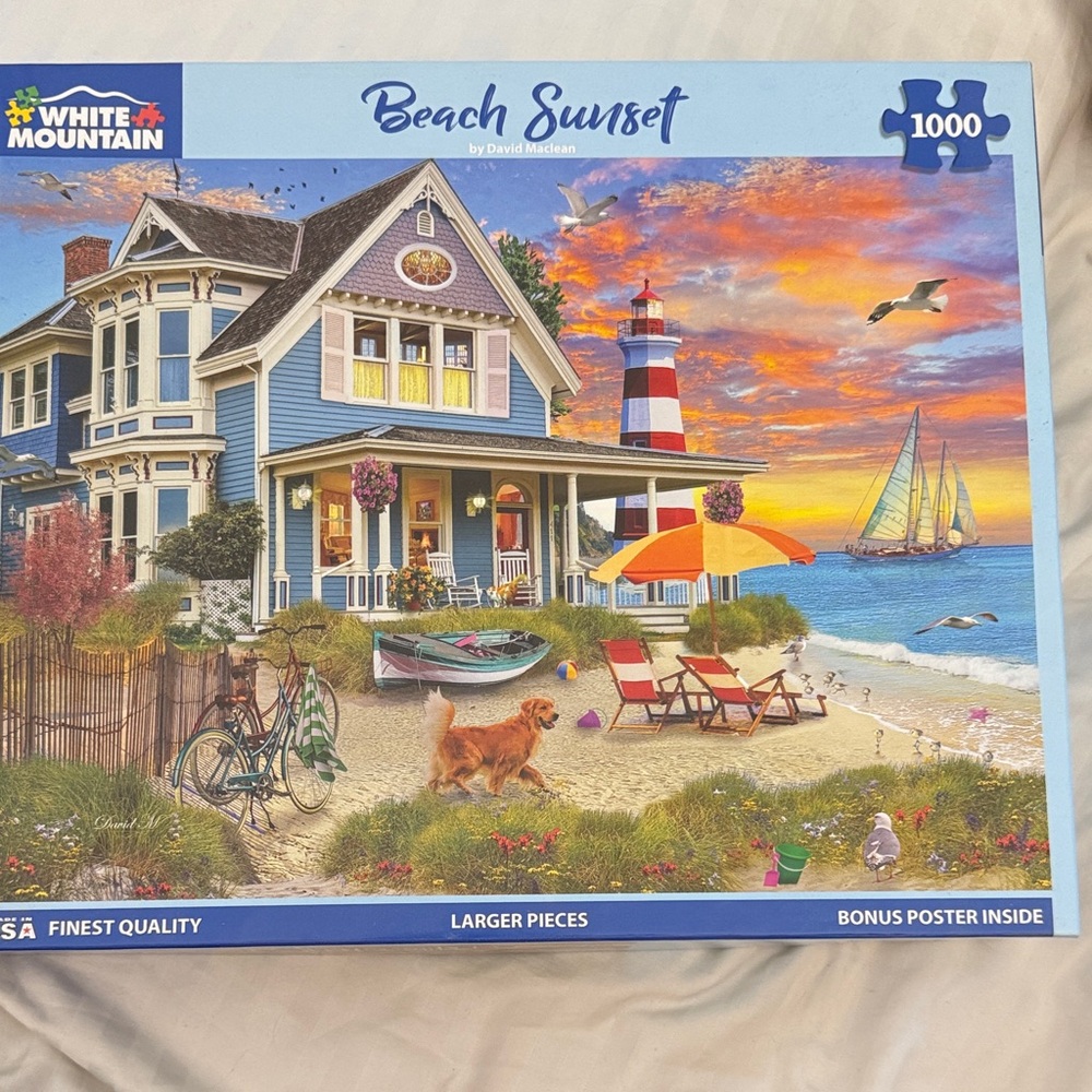 White Mountain Beach Sunset Puzzle with Blue and Orange Hues